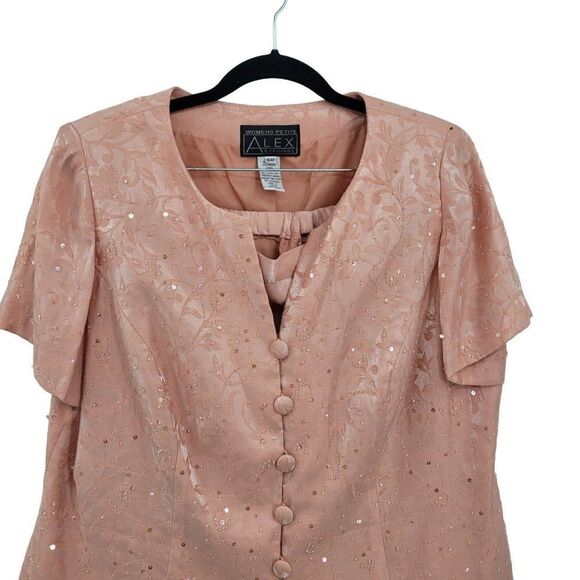 Vintage 80's Maxi Skirt Set Petites 16WP Pink Modest Beaded Button Up Shimmer - Picture 8 of 17